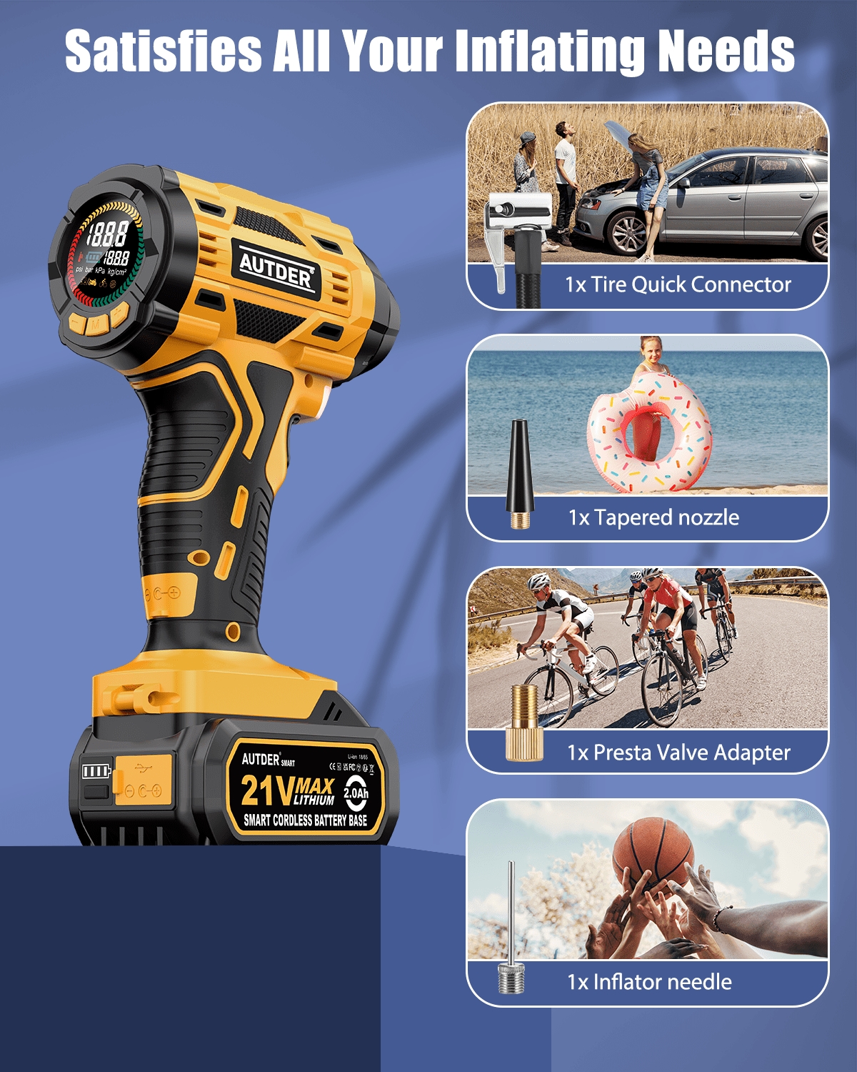 AUTDER 21V Portable Tire Inflator 180PSI Digital Air Compressor with Gauge, 12V Adapter, Yellow