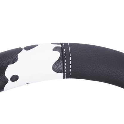 Auto Drive Black White Cow Print Faux Leather Steering Wheel Cover, Universal Fit for Sedans, SUVs