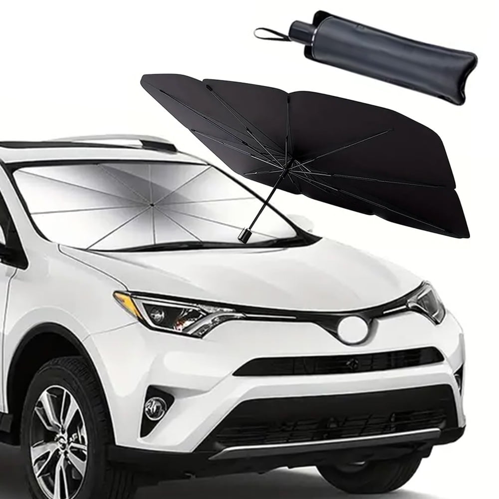 BYXAS 2 Pack 2025 Upgraded Car Windshield Sun Shade [Cool Down by 75°] with Heat Insulation Coating, Foldable Sunshade Umbrella Flexible Handle & Ribs, (55"x31") for Most Car, SUV, Truck, Van