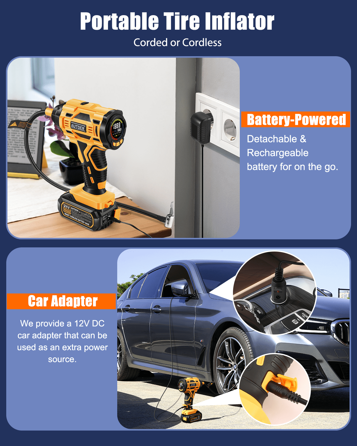 AUTDER 21V Portable Tire Inflator 180PSI Digital Air Compressor with Gauge, 12V Adapter, Yellow