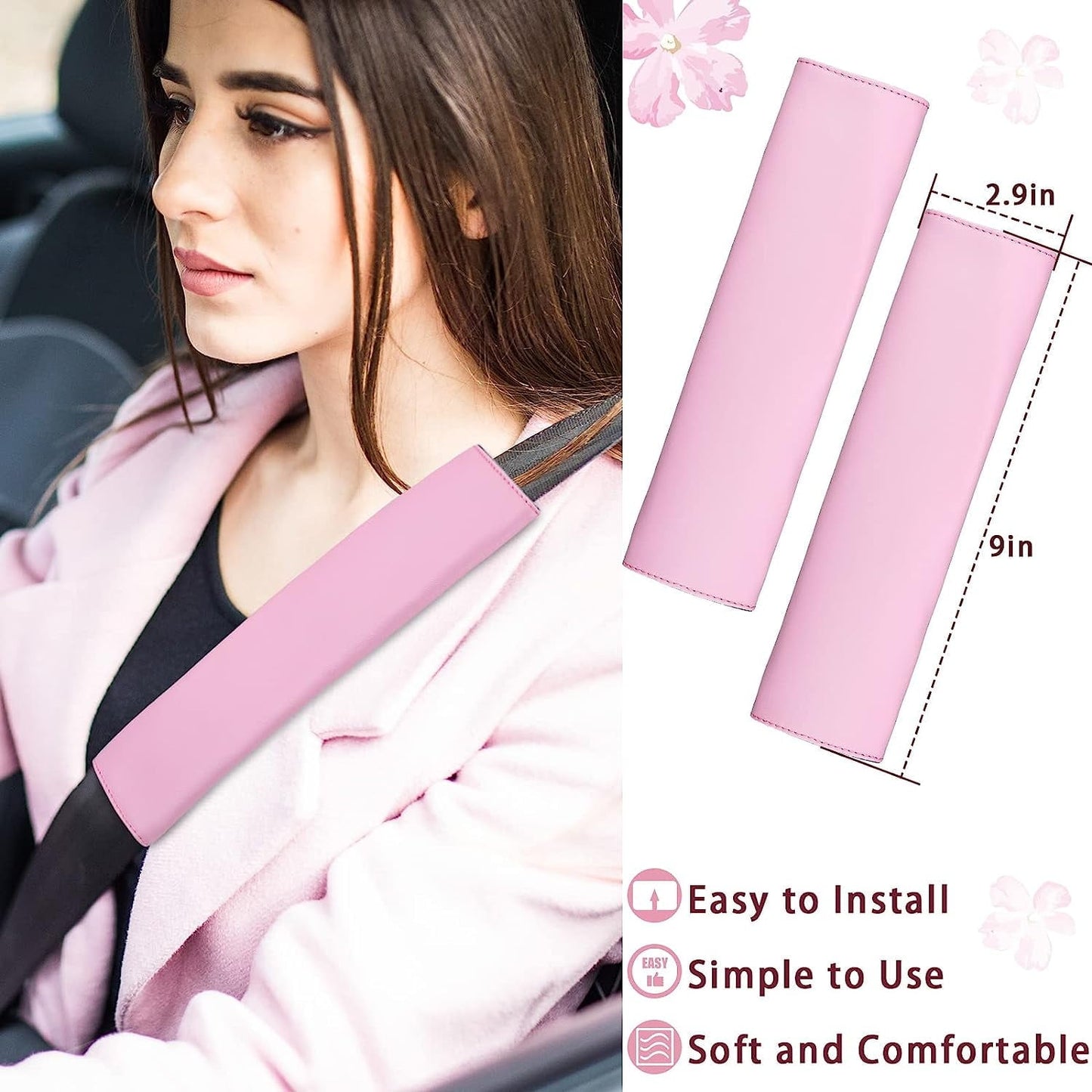 Leather Steering Wheel Cover for Women Cute Car Accessories Set of 10 Includes Seat Belt Shoulder Pads Seatbelt Covers Cup Holders Start Button Ring Sticker Air Vent Clip Car Accessories(Pink)