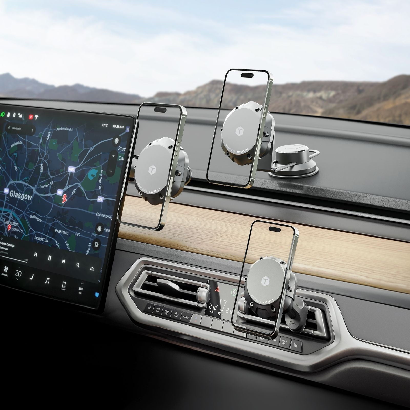 ToughTested MagTough 3-in-1 Magnetic Car Phone Mount, MagSafe Compatible Dash, Windshield & Vent Mount, 360° Rotation, Strong Suction & Adapter Ring – Black