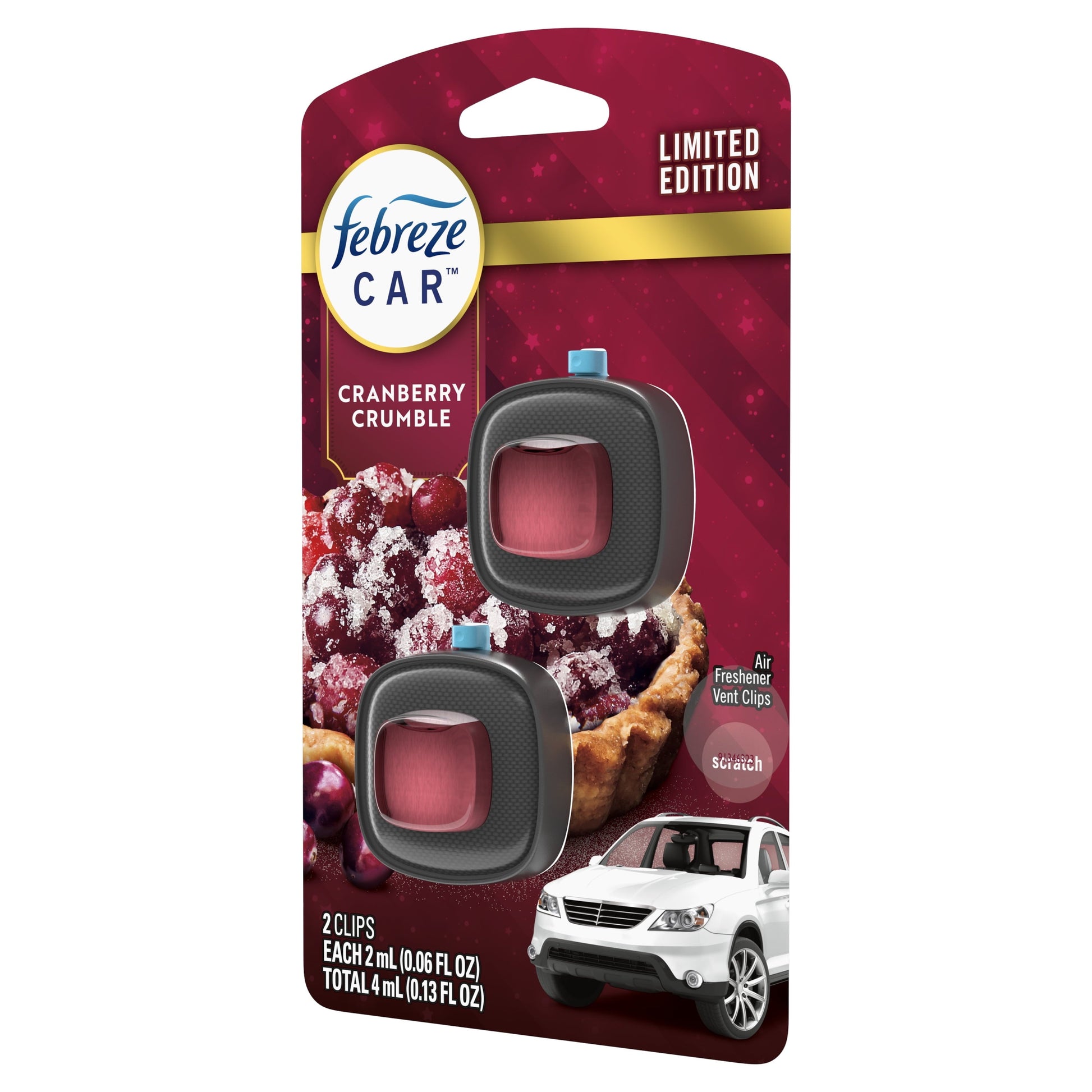 Febreze Car Air Freshener, Odor-Fighting Car Vent Clip, Cranberry Crumble, 2 Count