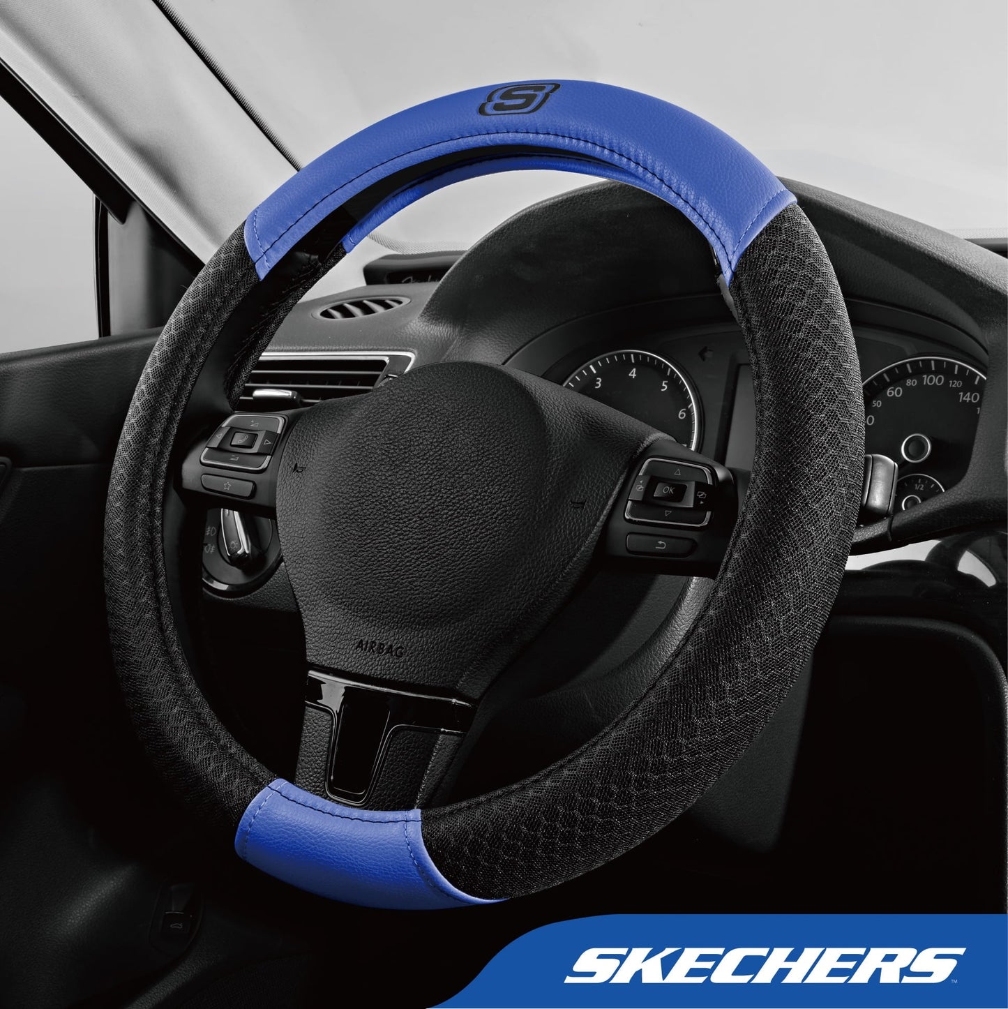 Skechers Air Cooled Memory Foam Steering Wheel Cover, Breathable Comfort Grip, Soft Leather, All-Season Fit for Cars, SUVs, and Trucks Blue