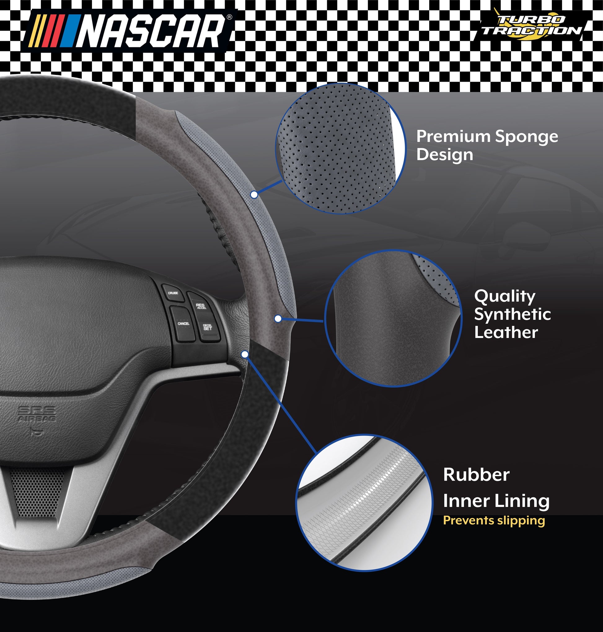 NASCAR Steering Wheel Cover | Grip & Comfort | Synthetic Leather & Suede | Universal Fit 14.5"-15.5" For Car, SUV, Truck | Turbo Traction Style