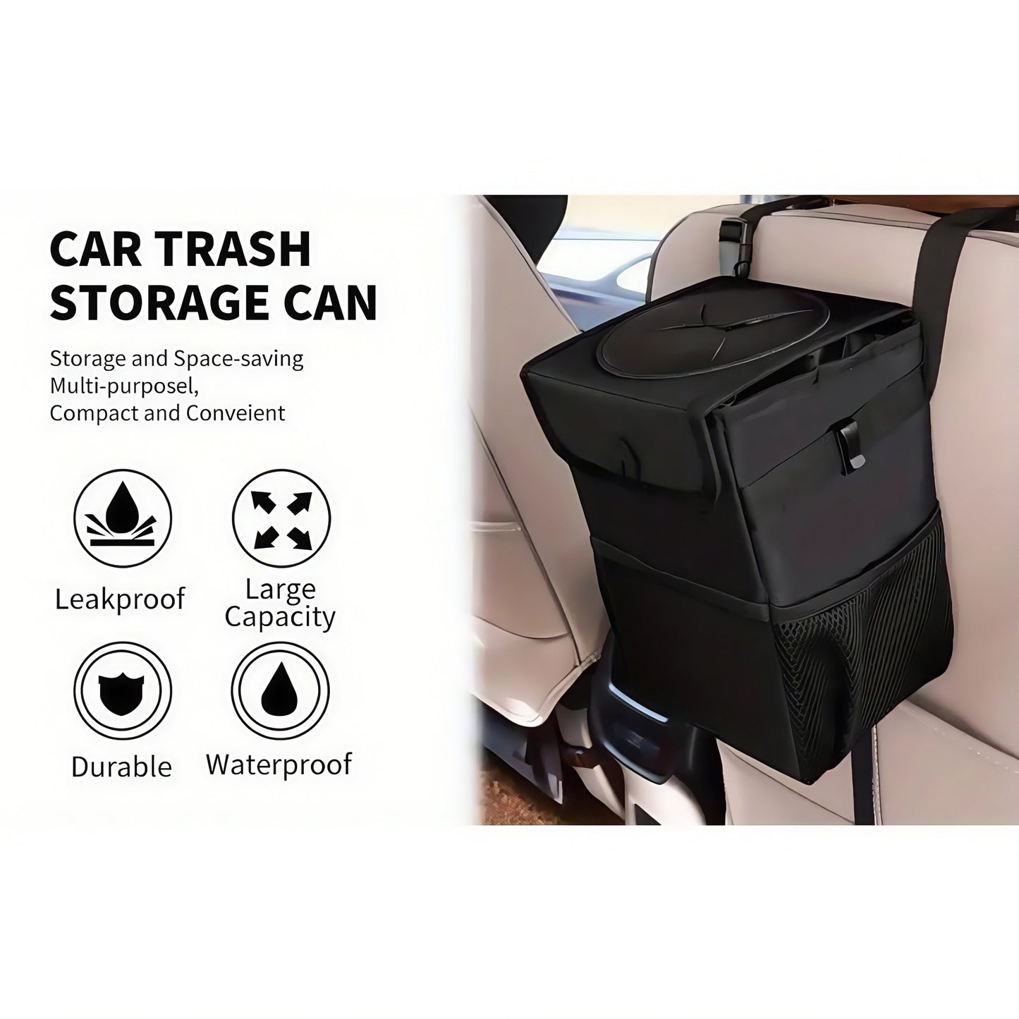 YMWVH Waterproof Car Trash Can with Lid, Leak-Proof Hanging Car Trash Can, Car and Truck Garbage Bag Storage Bag (Black)