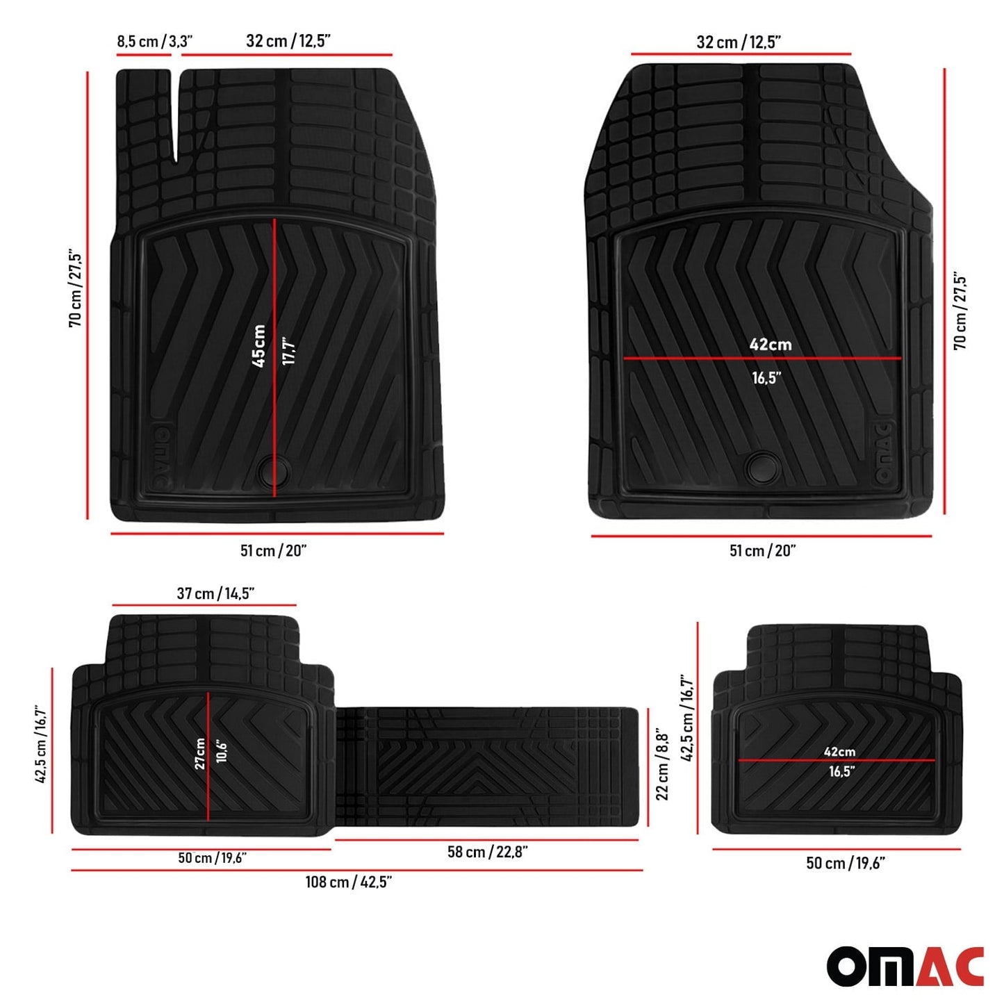OMAC Floor Mats Liner for Car 3D All-Weather Front Rear Semi-Custom fit 4 Pcs Set Black