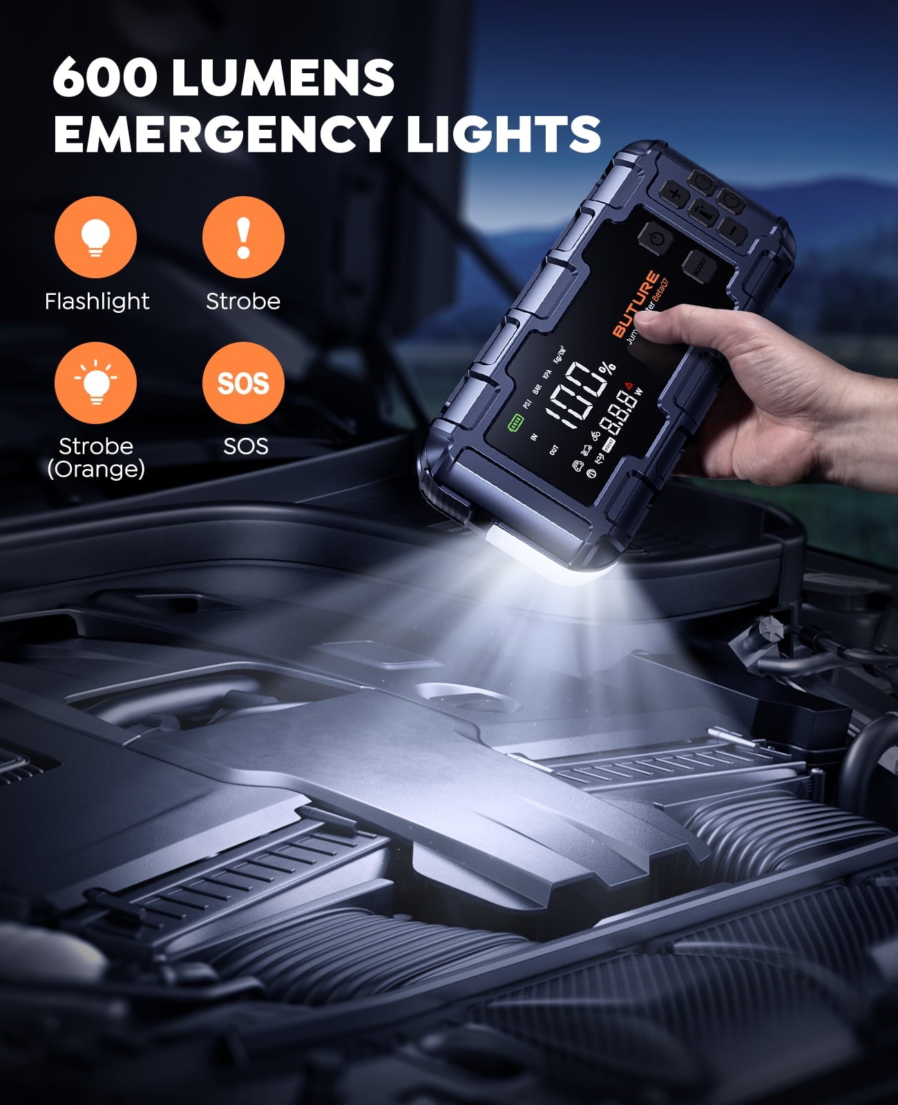 BUTURE 6000A Car Jump Starter with Air Compressor 160 PSI, 45W Charging Battery Booster Pack (All gas/12L Diesel), 7-in-1 Jump Starter Power Bank with LED Display