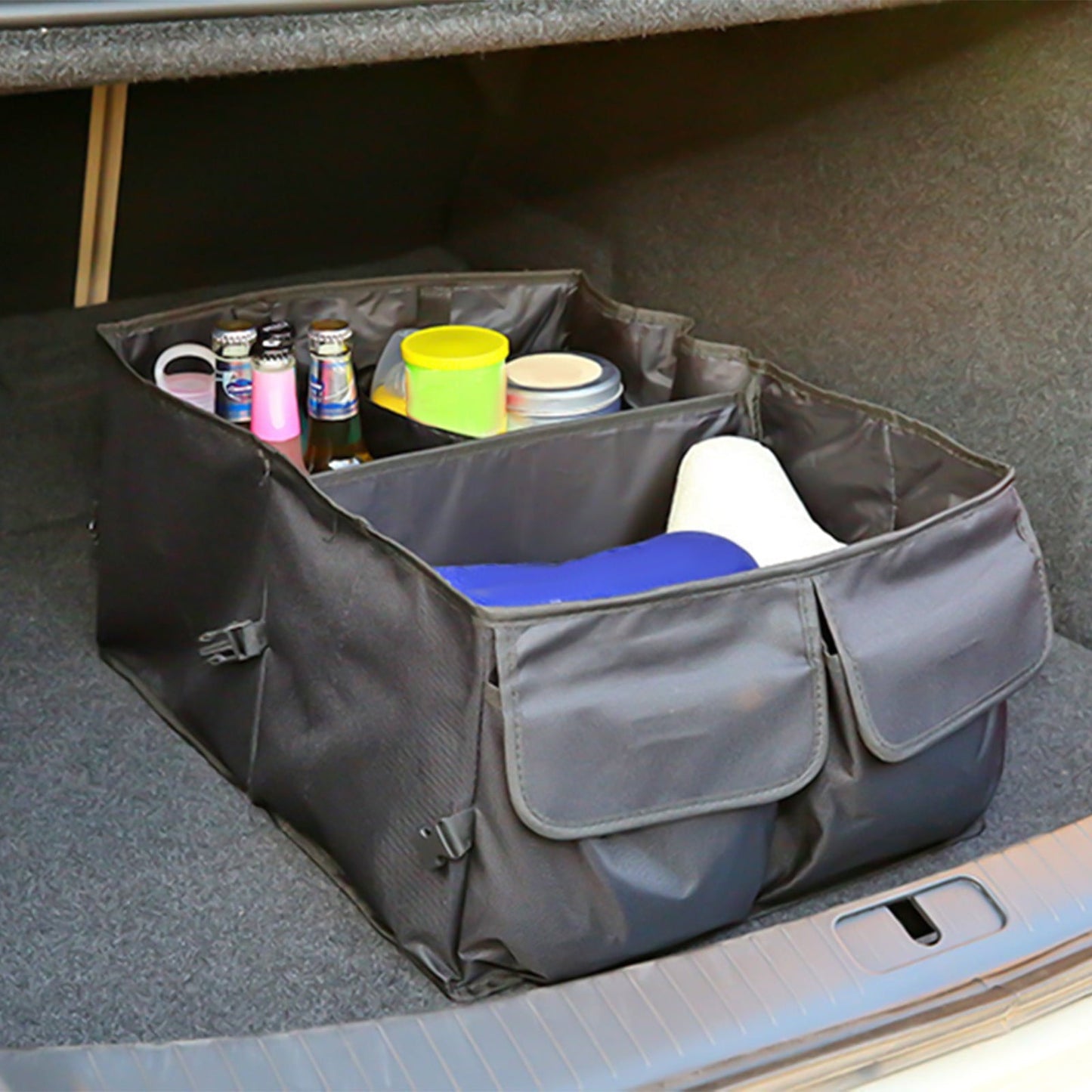 Car Trunk Organizer, Collapsible Multi Compartment Storage Bin with 2 Handles, Holds 20kg, for Groceries, Sports Equipment, Young Ones Toys, Travel, and Emergency Gear, FAJHHA | Black