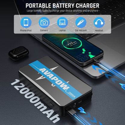 AVAPOW Car Jump Starter, 1000A Peak 12V Battery Jump Starter (up to 7.0L Gas) Booster Pack, Power Bank with Built-in LED Light