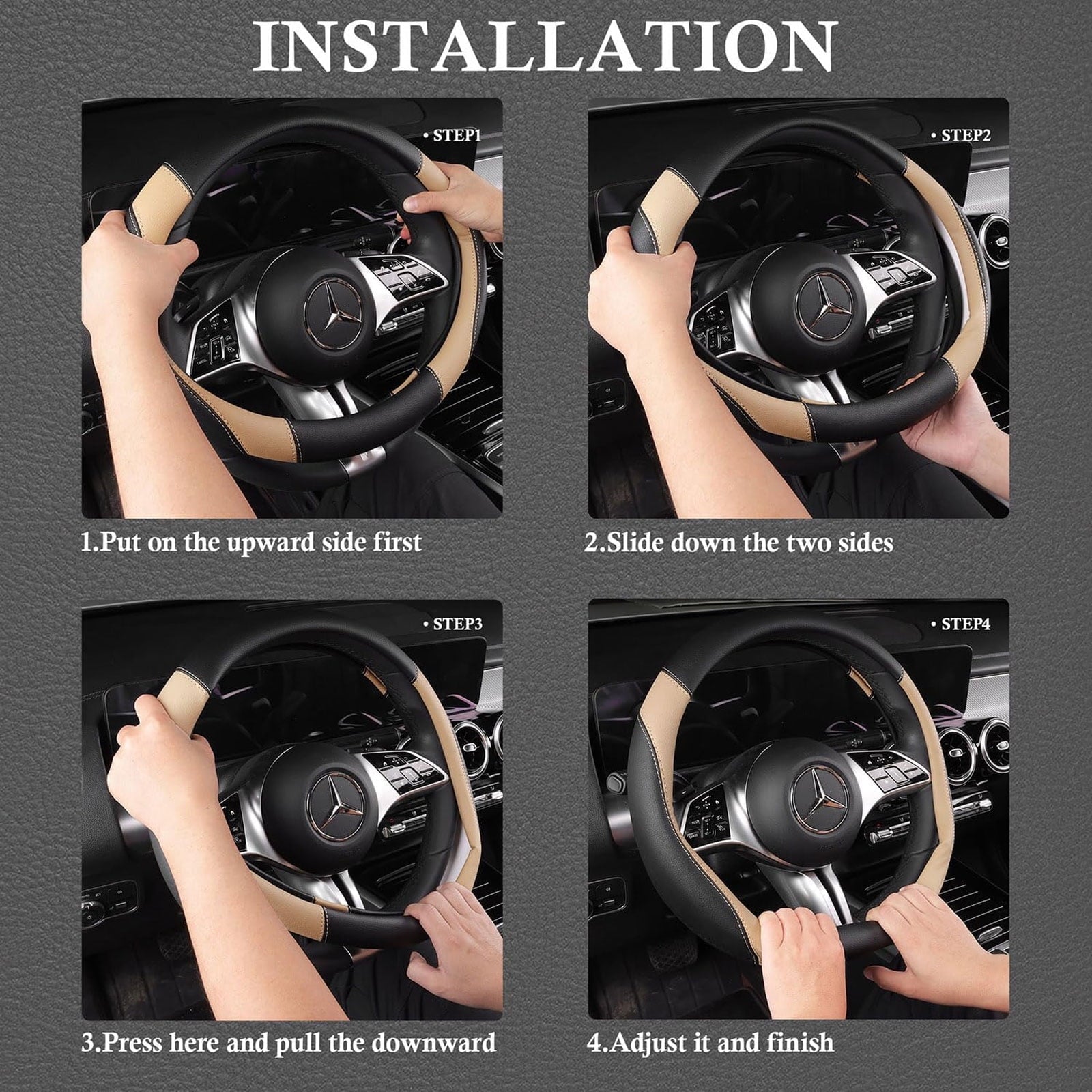 CAR GRAND Faux Leather Car Steering Wheel Cover Combo Pack Car Floor Mats, Universal Fit Waterproof Anti-slip Carpet 14.5-15 Inches Beige & Black