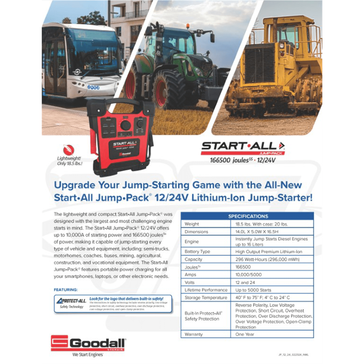 Goodall Manufacturing START-ALL Jump Starter 10000A/5000A 166500 Joules 12V/24V Lithium-Ion