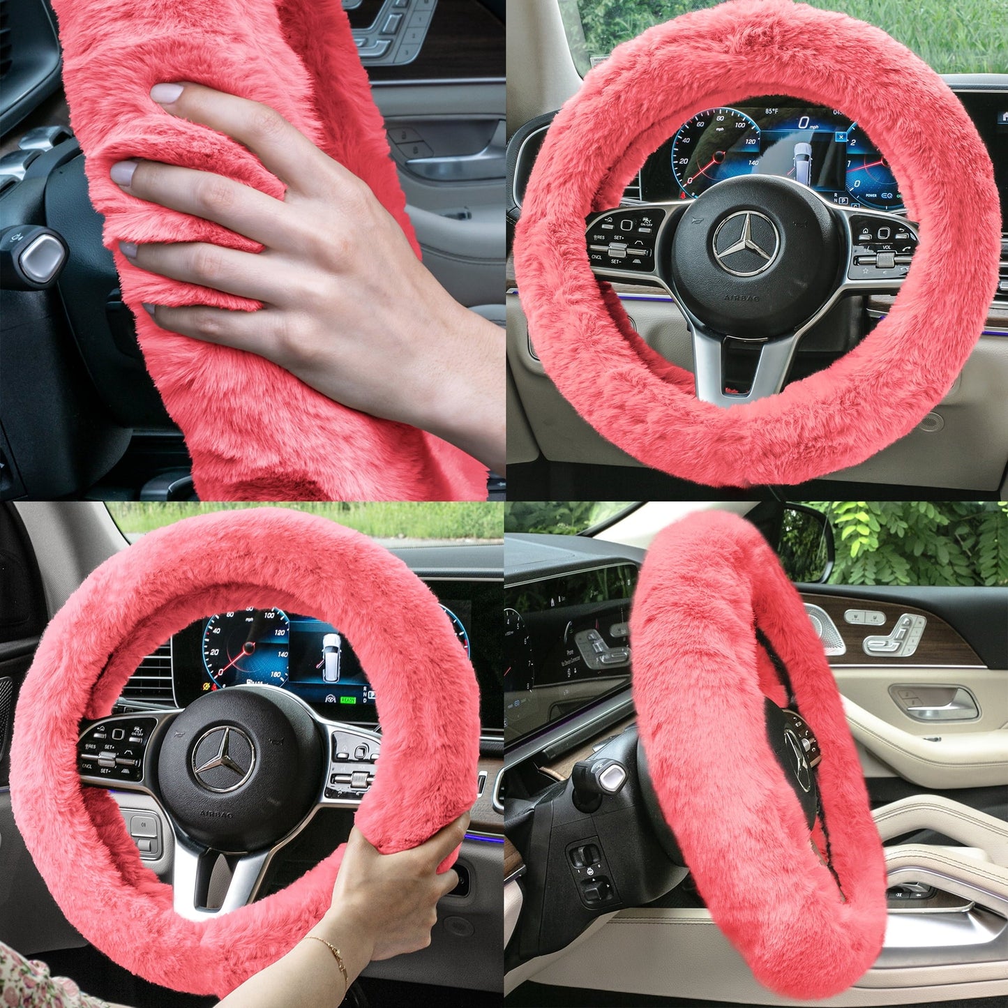FH Group Doe16 Faux Fur Cozy Soft Fluffy Fuzzy Universal Fit Plush Steering Wheel Cover for Car, SUV, Van, Truck -Pink