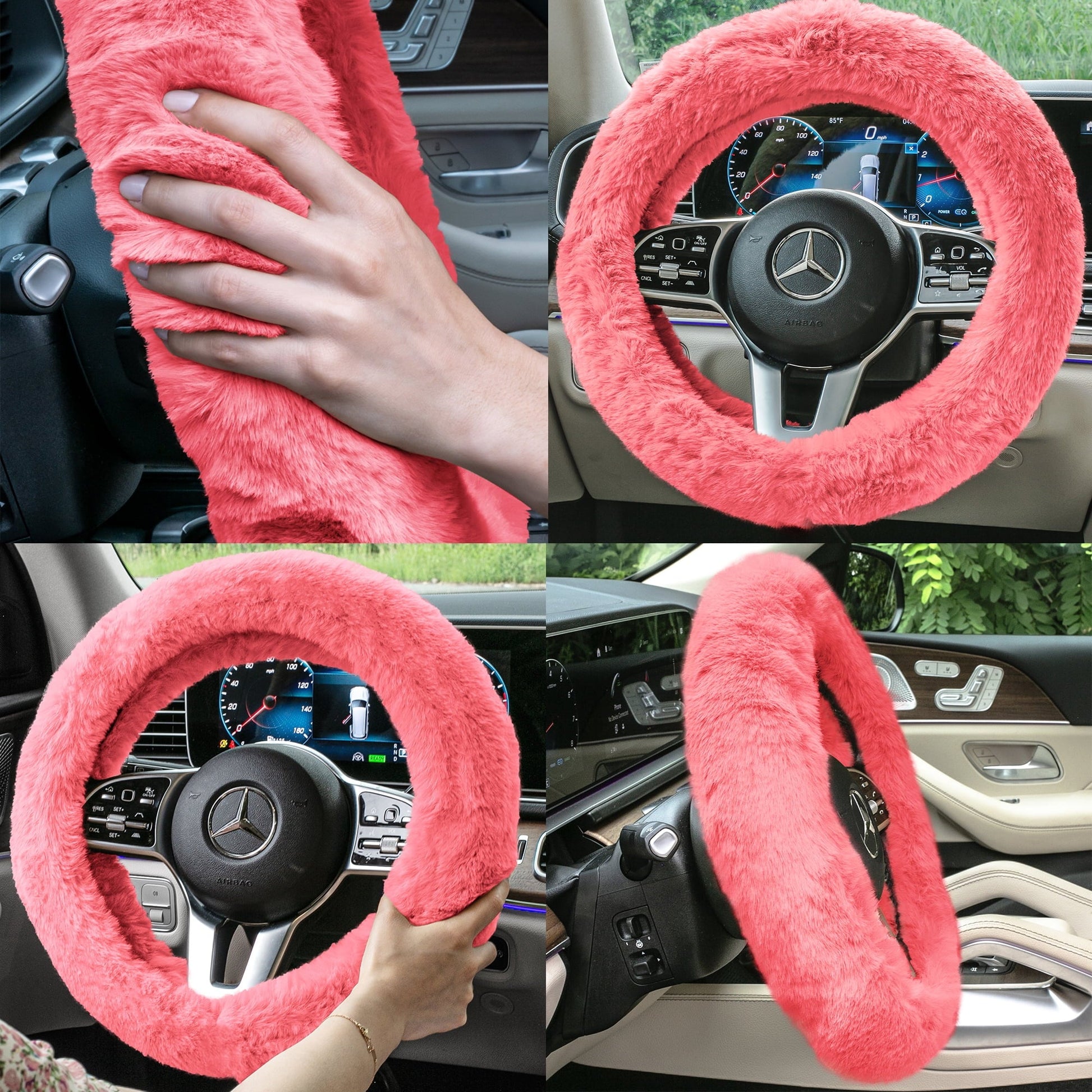 FH Group Doe16 Faux Fur Cozy Soft Fluffy Fuzzy Universal Fit Plush Steering Wheel Cover for Car, SUV, Van, Truck -Pink