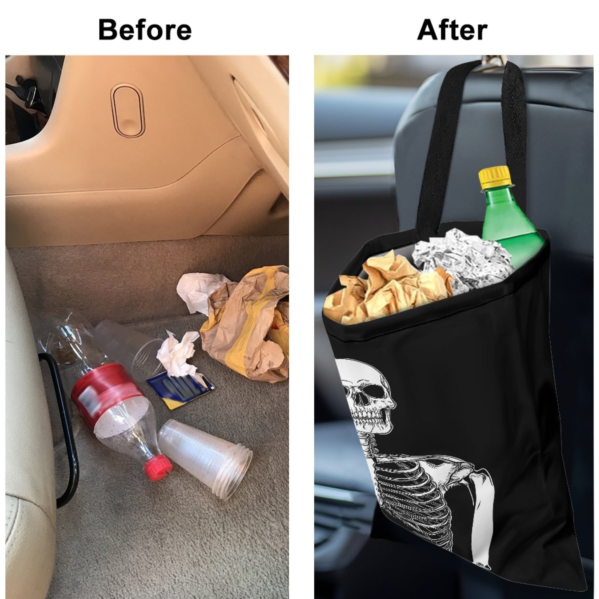 Yuyamidu Skull Car Trash Bag Hanging Car Rubbish Bag Small Garbage Bag for SUV Truck Auto Interior Accessories Portable Car Trash Can Bin for Front or Back Seat, Black
