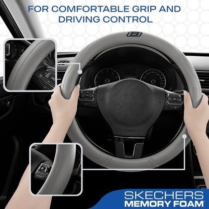 Skechers Leather Steering Wheel Cover, Premium Non-Slip Comfort, Durable and Universal Fit for Cars and Trucks Gray