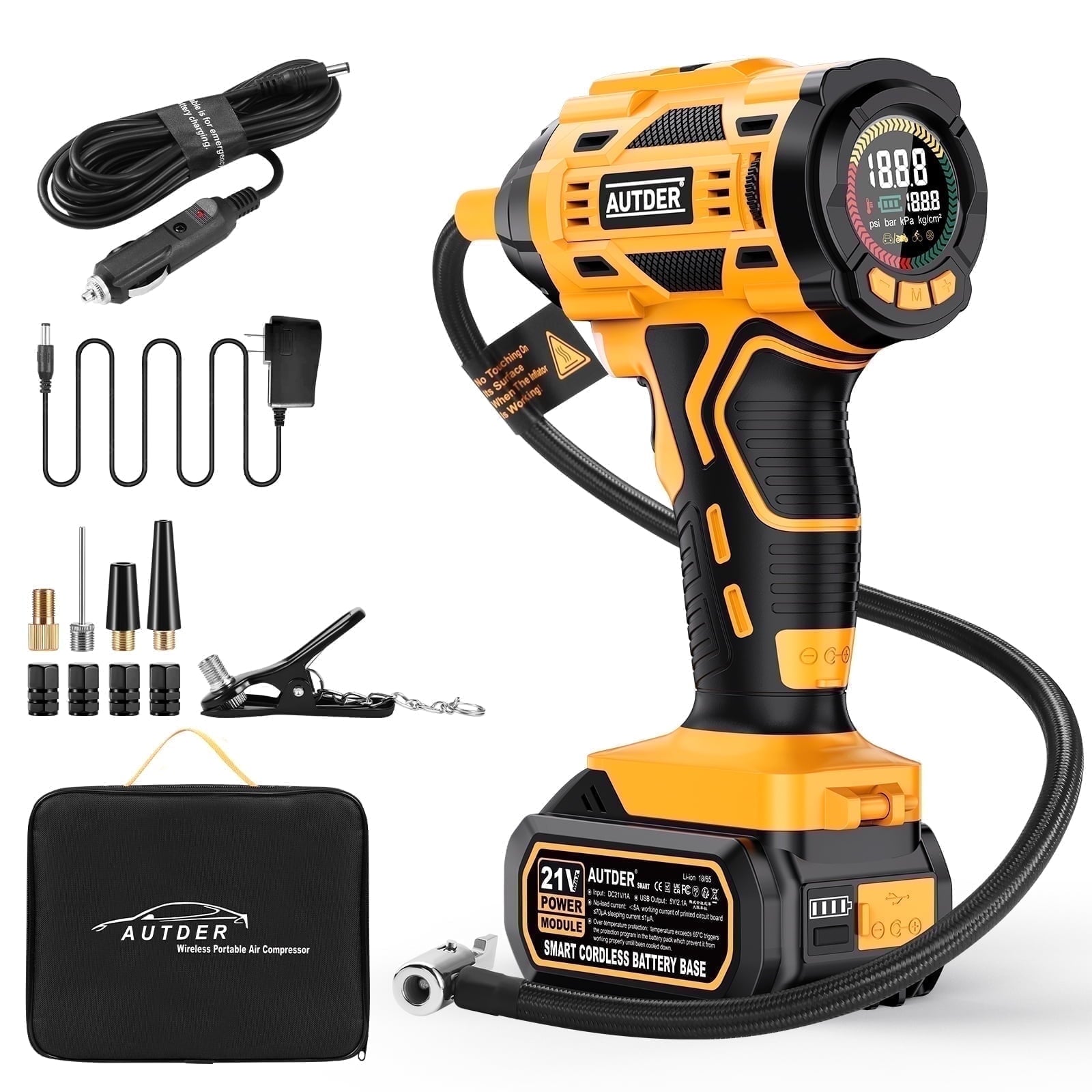 AUTDER 21V Portable Tire Inflator 180PSI Digital Air Compressor with Gauge, 12V Adapter, Yellow