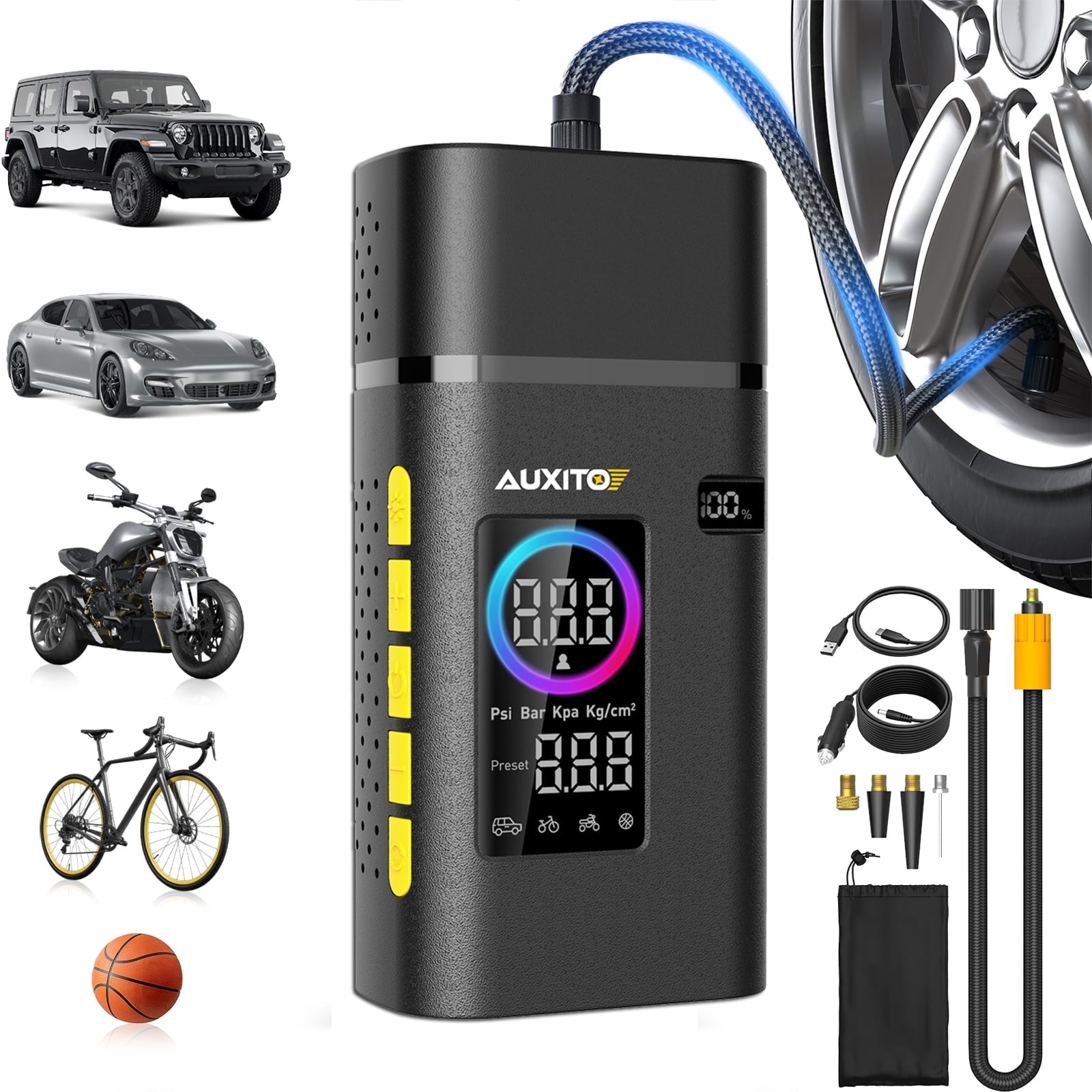 AUXITO Tire Inflator Portable Air Compressor, 150 PSI Cordless Air Pump with 7800mAh Rechargeable Battery for Car, Truck, Motorcycle Tires & Ball, Compact Bike Pump