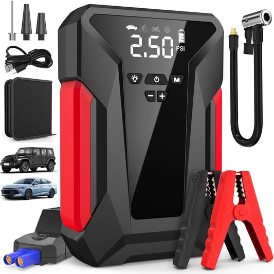 Amybaby 8-in-1 Emergency Jump Starter & Tire Inflator – 4000A Peak for Gas/Diesel Engines, 150PSI Auto-Stop Air Compressor, LED Light + Power Bank | All-Climate (-40°F) Roadside Savior