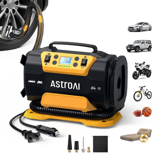 AstroAI Tire Inflator Air Compressor Portable Electric Pump, 150 PSI Air Pump with Dual Metal Motors Dual Power Sources 12V DC/110V AC for Car Bicycle Motorcycle Ball Air Mattress, for Gift