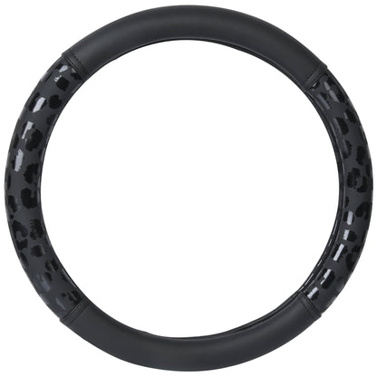 Auto Drive Black Leopard Faux Leather Steering Wheel Cover, Universal Fit for Sedans, SUVs, Set of 1