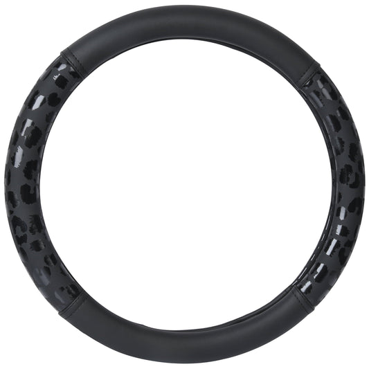 Auto Drive Black Leopard Faux Leather Steering Wheel Cover, Universal Fit for Sedans, SUVs, Set of 1