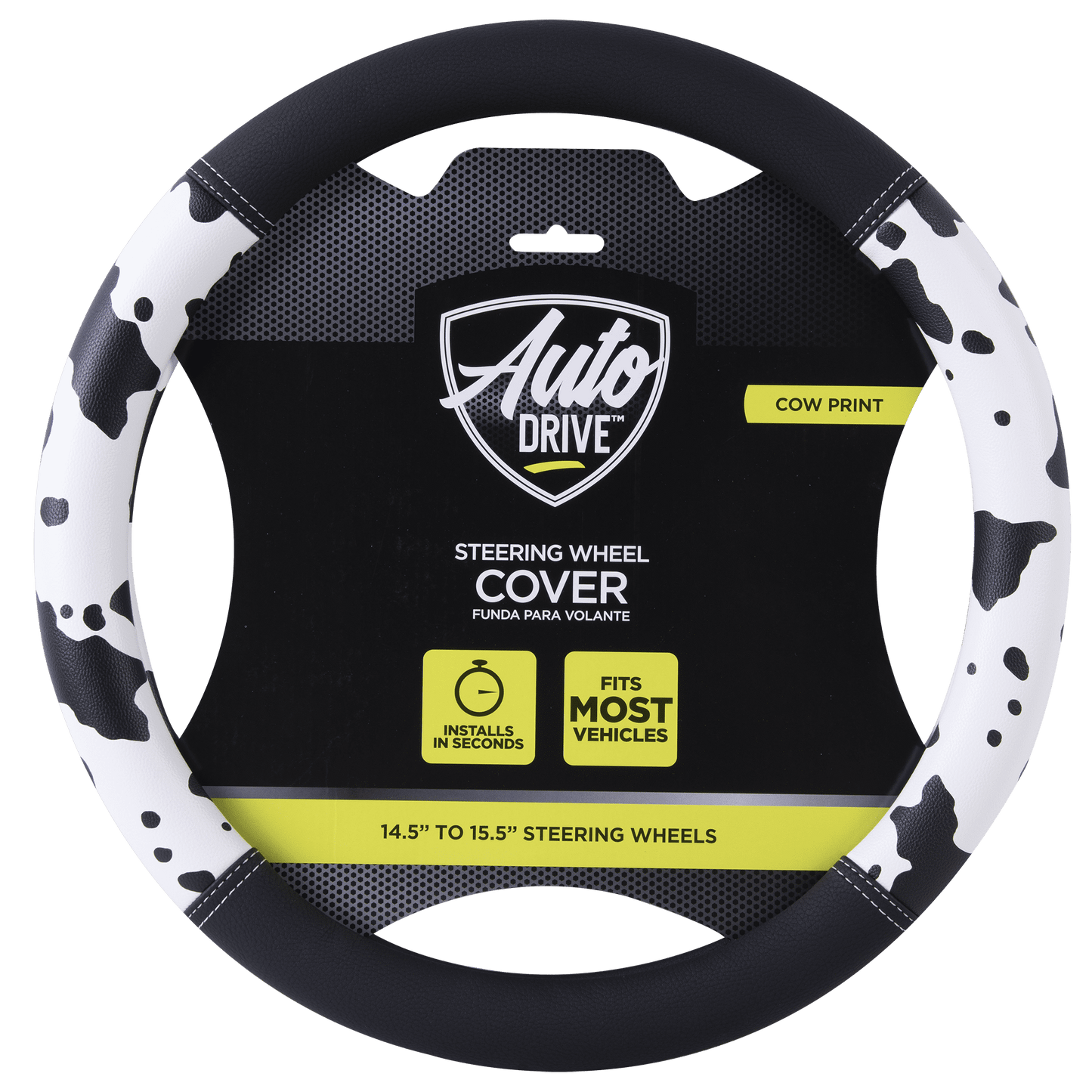 Auto Drive Black White Cow Print Faux Leather Steering Wheel Cover, Universal Fit for Sedans, SUVs