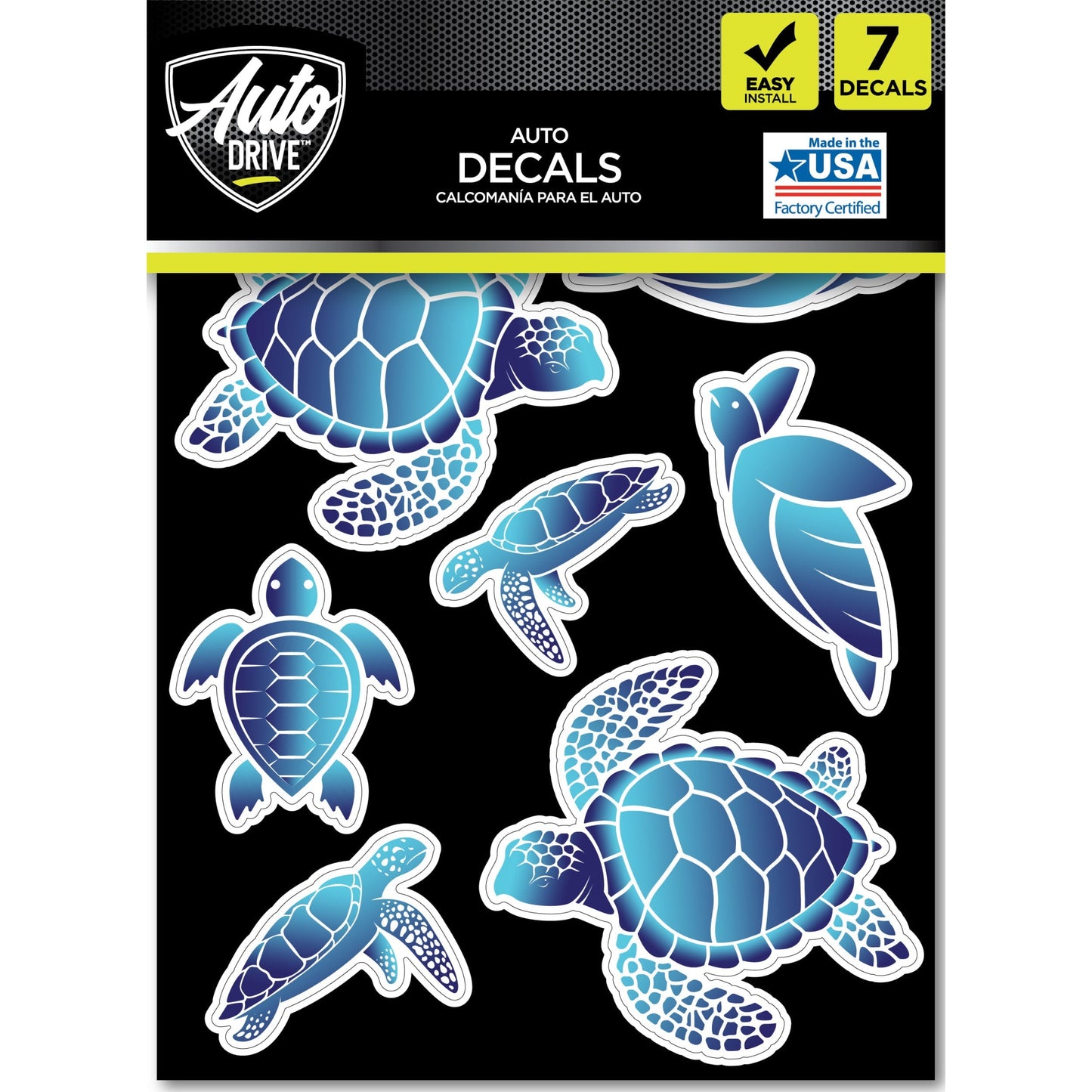 Auto Drive Sea Turtle Decals - Set of 7 Vinyl Car Stickers Blue Chrome