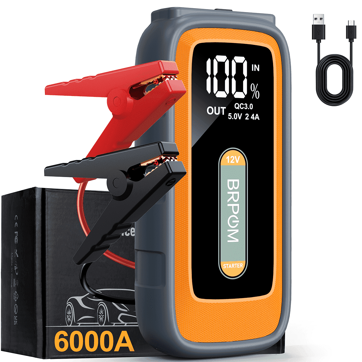 BRPOM 6000A Car Jump Starter Battery Pack, 12V Battery Booster Charger for Gas and Diesel Engines-Motorcycle, Car, SUV, PICK-UP, Truck, Quick Start Dead Battery, Multi-functional Flashlight