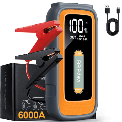 BRPOM 6000A Car Jump Starter Battery Pack, 12V Battery Booster Charger for Gas and Diesel Engines-Motorcycle, Car, SUV, PICK-UP, Truck, Quick Start Dead Battery, Multi-functional Flashlight