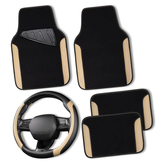CAR GRAND Faux Leather Car Steering Wheel Cover Combo Pack Car Floor Mats, Universal Fit Waterproof Anti-slip Carpet 14.5-15 Inches Beige & Black