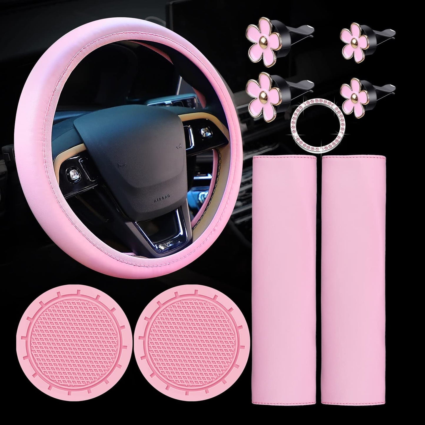 10 PCS Car Accessories Leather Steering Wheel Cover Set, Car Steering Wheel Cover for Women with Seat Belt Pads Cup Holders Start Button, Pink