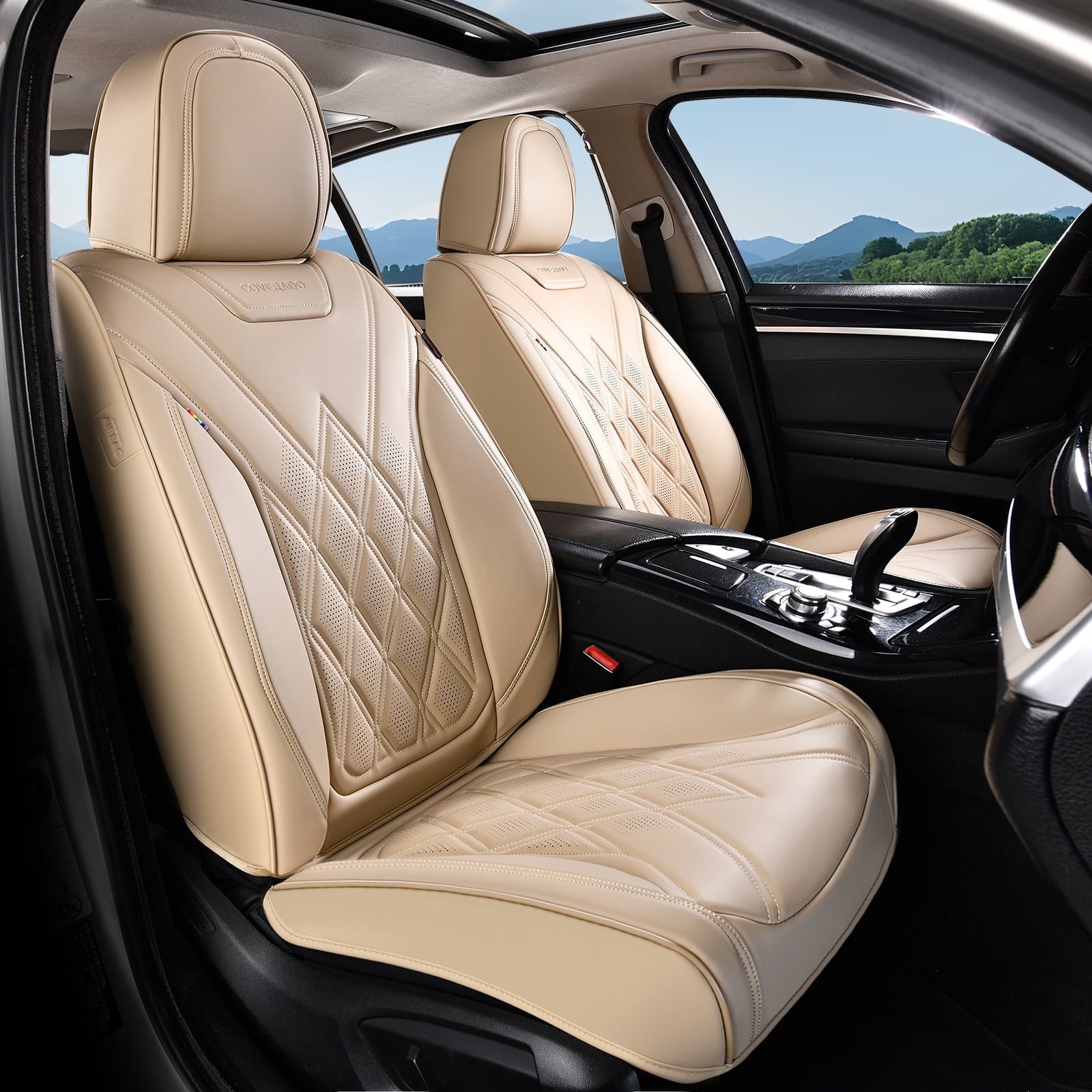 Coverado Front Covers For Cars, Waterproof Faux Leather Seat Protectors 2 Seats, Auto Cushions Universal Fit for Most Cars, Beige