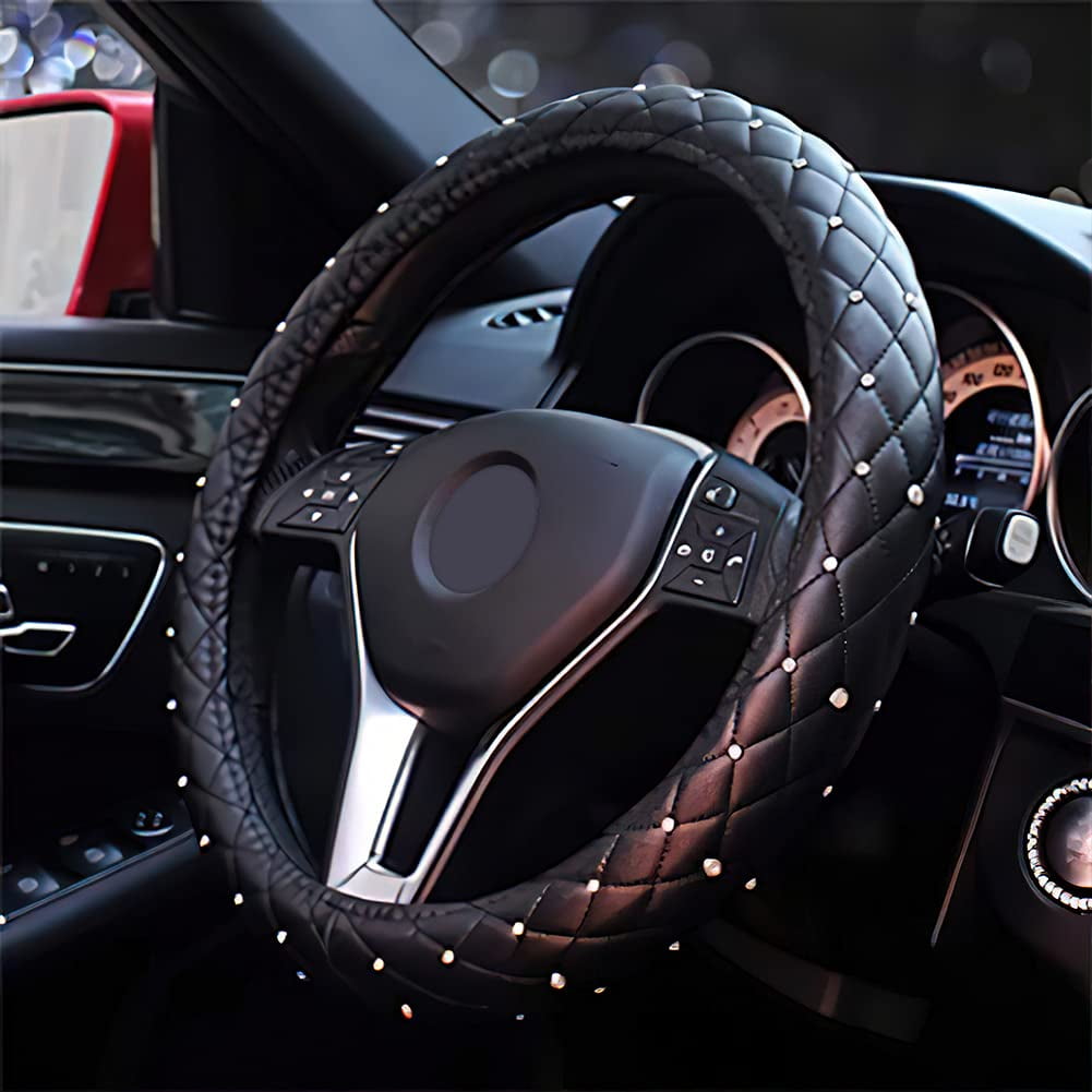 EING Steering Wheel Cover Leather Crystal Bling Anti-Slip Auto Car Steering Wheel Case Universal for 15 inch,Black