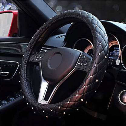 EING Steering Wheel Cover Leather Crystal Bling Anti-Slip Auto Car Steering Wheel Case Universal for 15 inch,Black