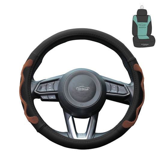 FH Group 1.6 lb. Leather Brown Steering Wheel Cover with Silicone Anti Slip Grip and Air Freshener