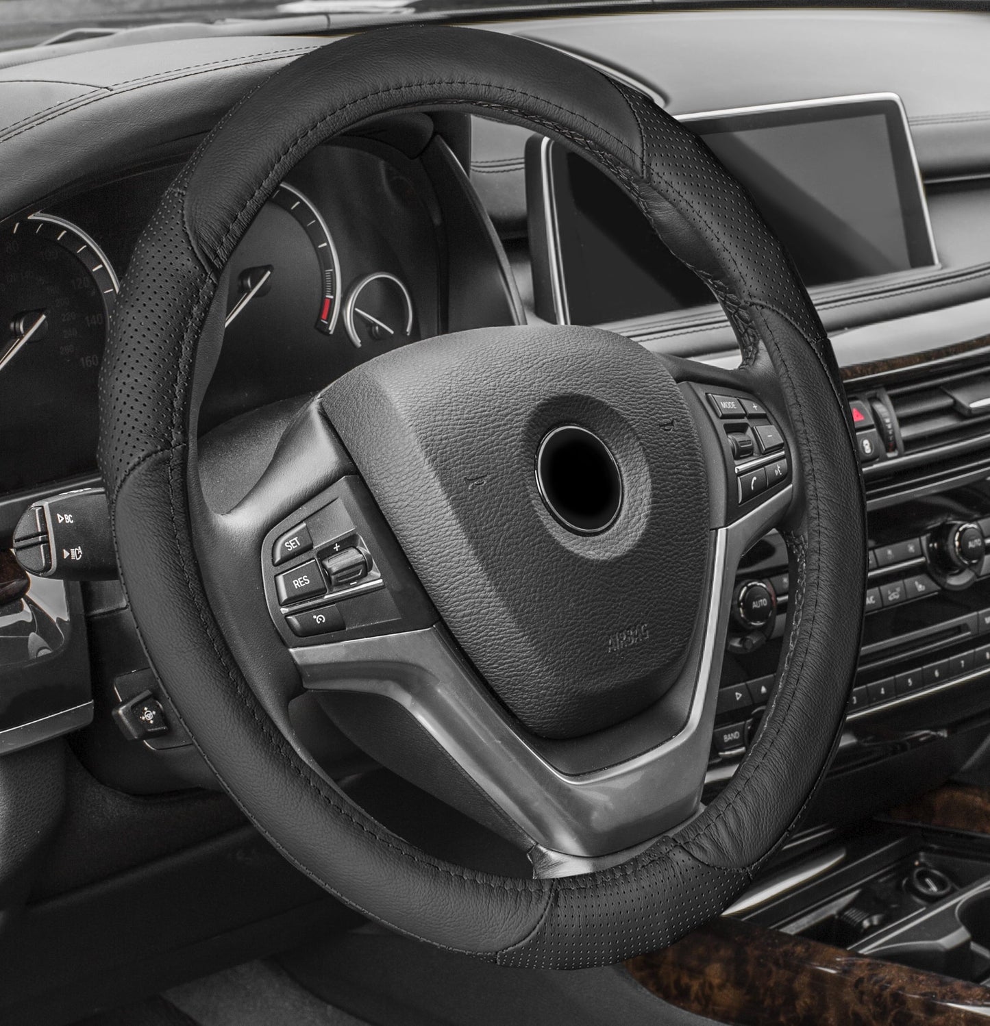 FH Group Perforated Genuine Leather Steering Wheel Cover Fits 14.5 - Black