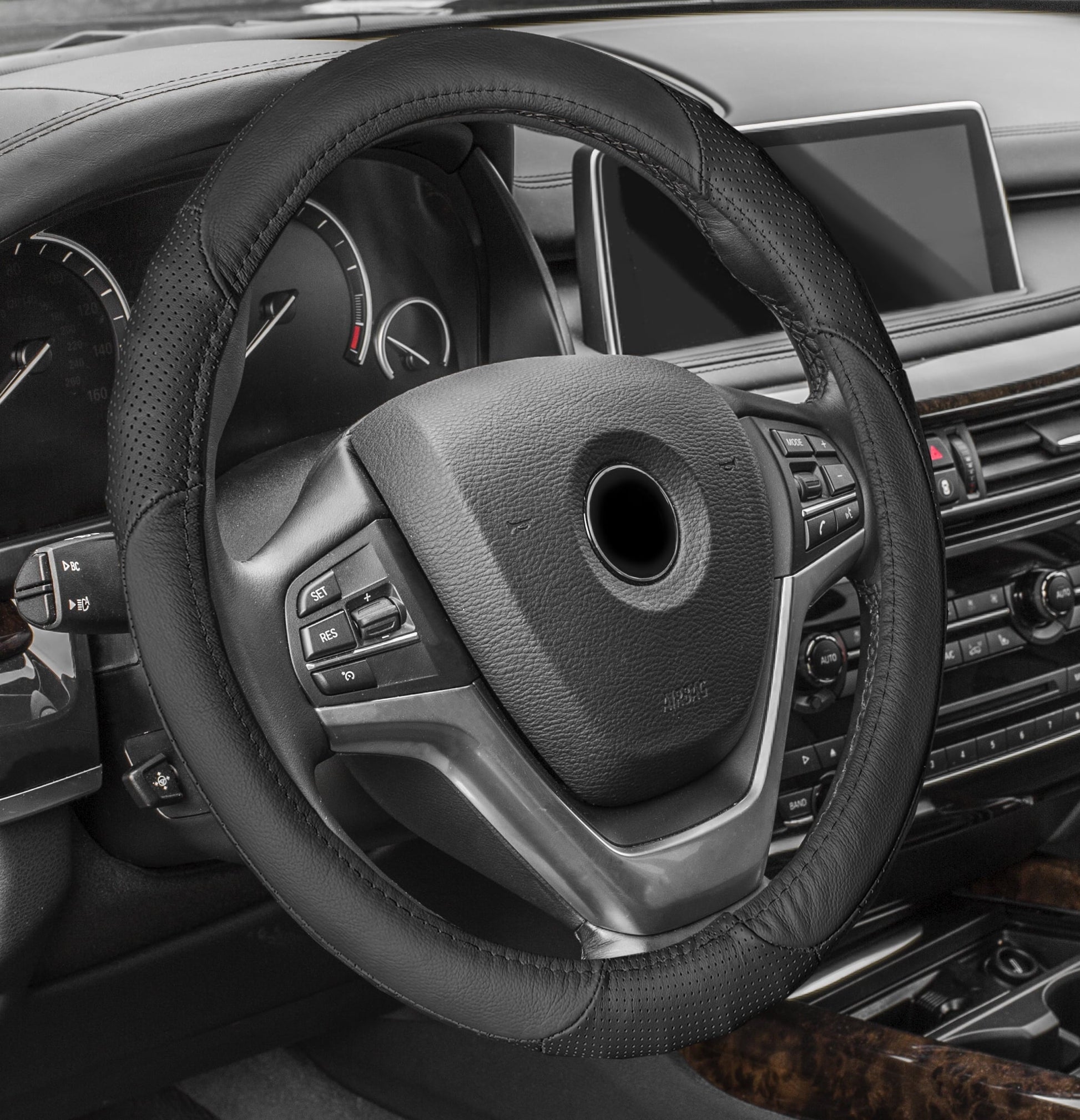 FH Group Perforated Genuine Leather Steering Wheel Cover Fits 14.5 - Black