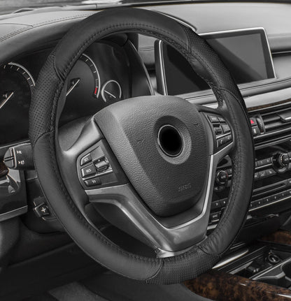 FH Group Perforated Genuine Leather Steering Wheel Cover Fits 14.5 - Black