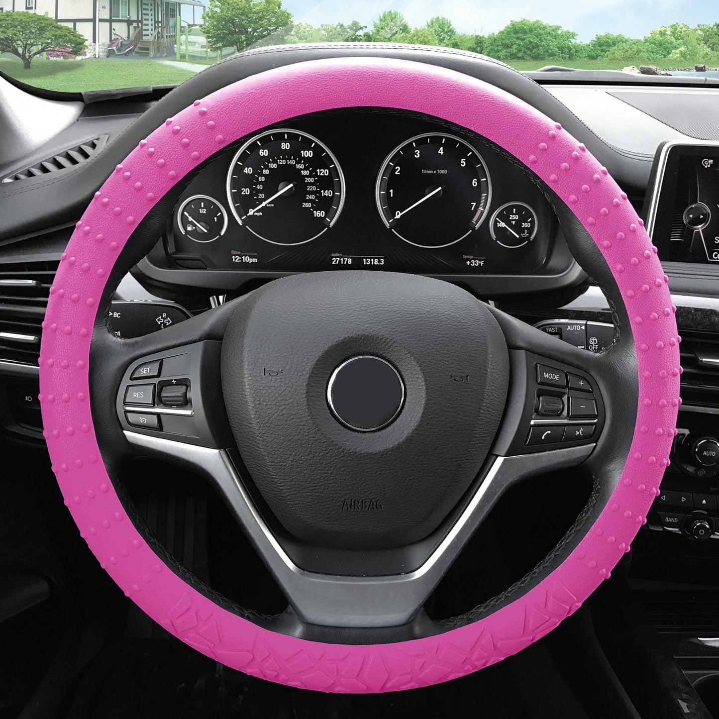 FH Group Soft Silicone Steering Wheel Cover with Textured Pattern and Anti-Slip Grip Design, UV-Resistant, Easy Installation, Durable, Waterproof & Odorless, Universal Fits 14.5" - 15.5" - Pink