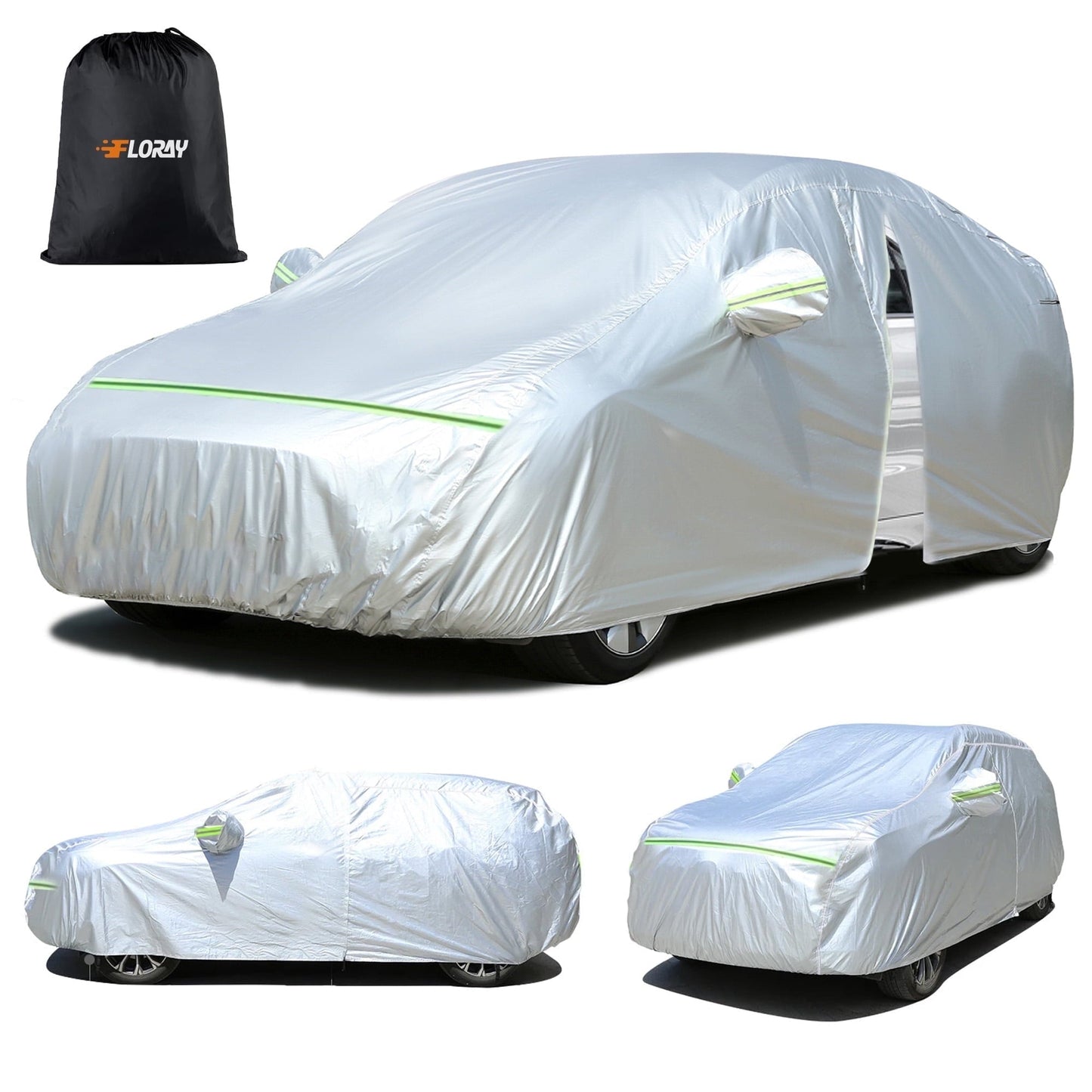 Floray Waterproof All-Weather Car Cover with Zipper Door – Heavy-Duty Windproof Protection for Sedan, UV and Snow Guard