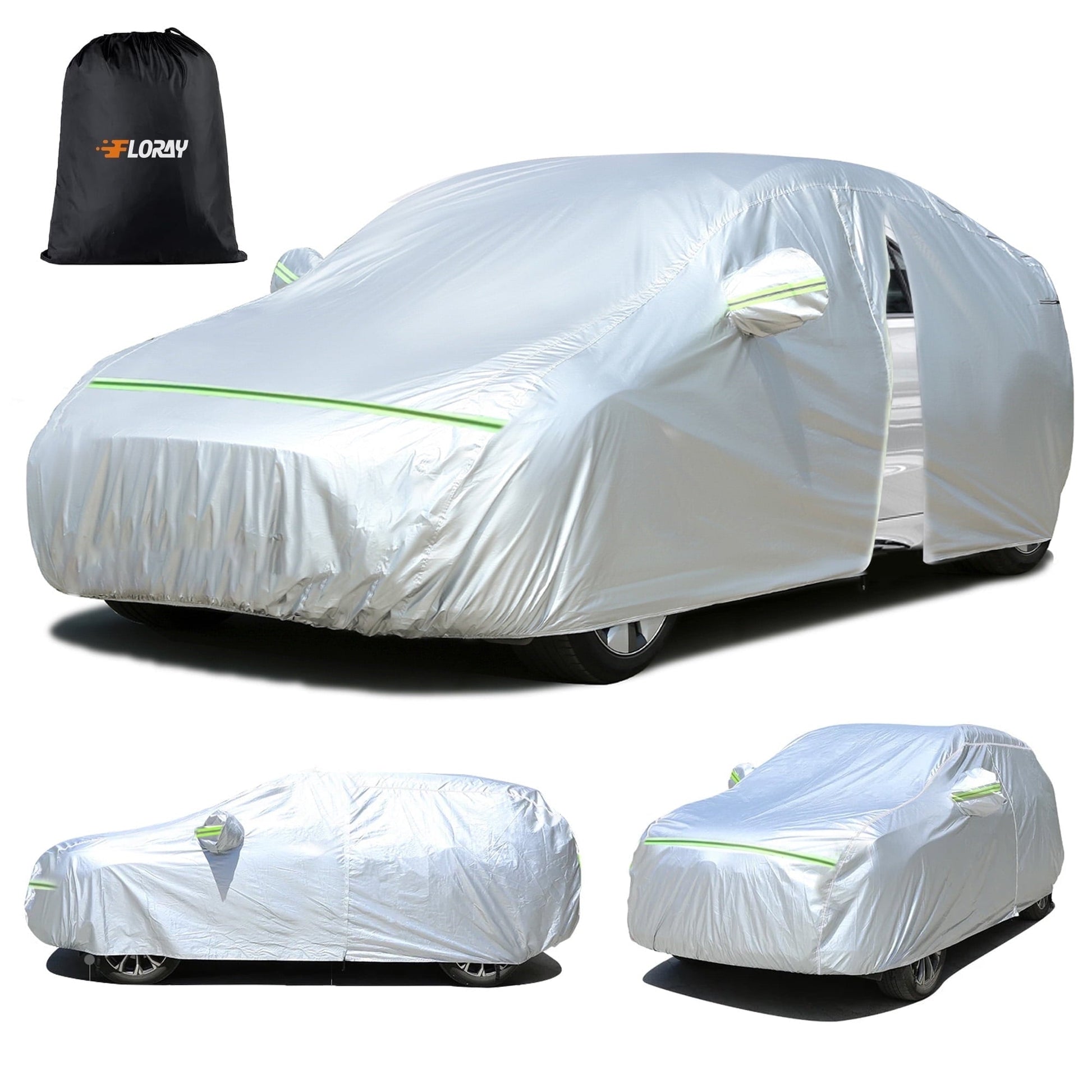 Floray Waterproof All-Weather Car Cover with Zipper Door – Heavy-Duty Windproof Protection for Sedan, UV and Snow Guard