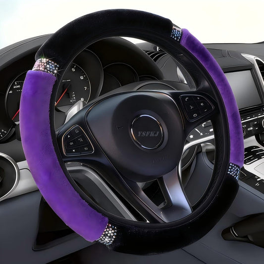 Fluffy Steering Wheel Cover, Universal 15 Inch Colorful Rhinestones Car Steering Wheel Cover, Sparkly Crystal Diamond Steering Wheel Protector for Women Girls,Purple