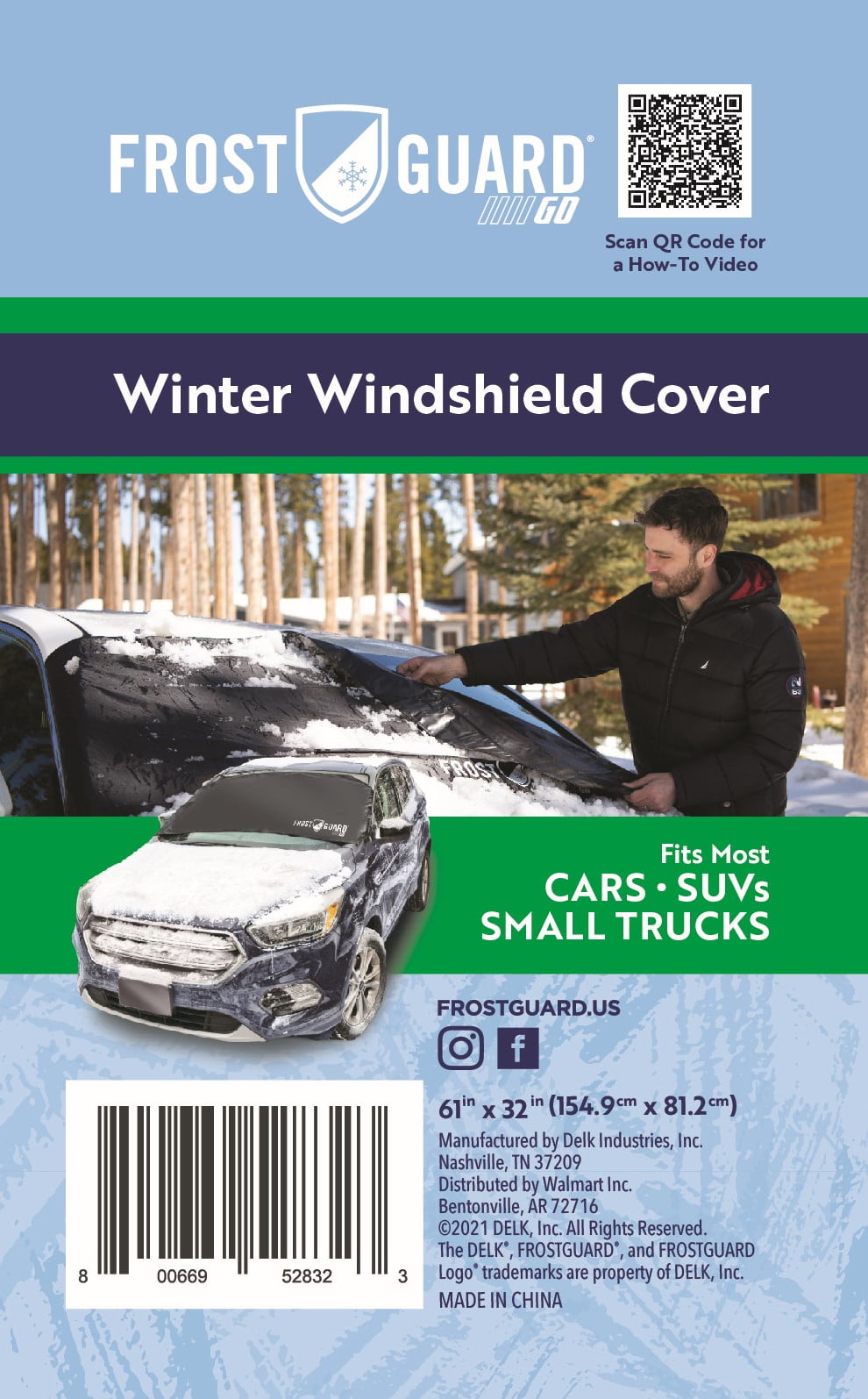 FrostGuard Go Winter Windshield Cover for Snow and Ice, One Size, Security Panels, 61x32 inches, Black