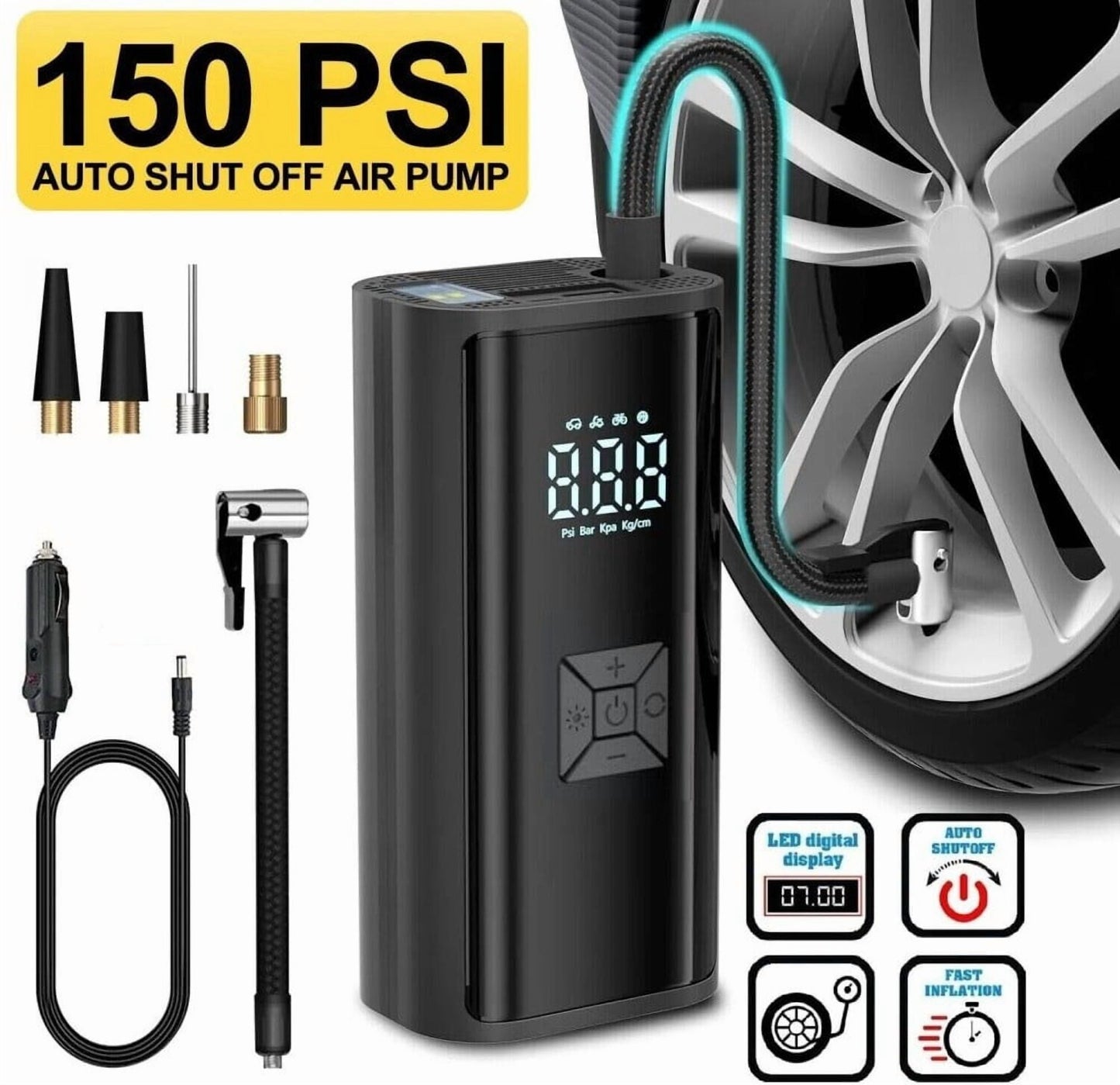 FungLam 150 PSI Air Compressor Tire Inflator Air Pump Fits Car Moto Bike Tires Portable