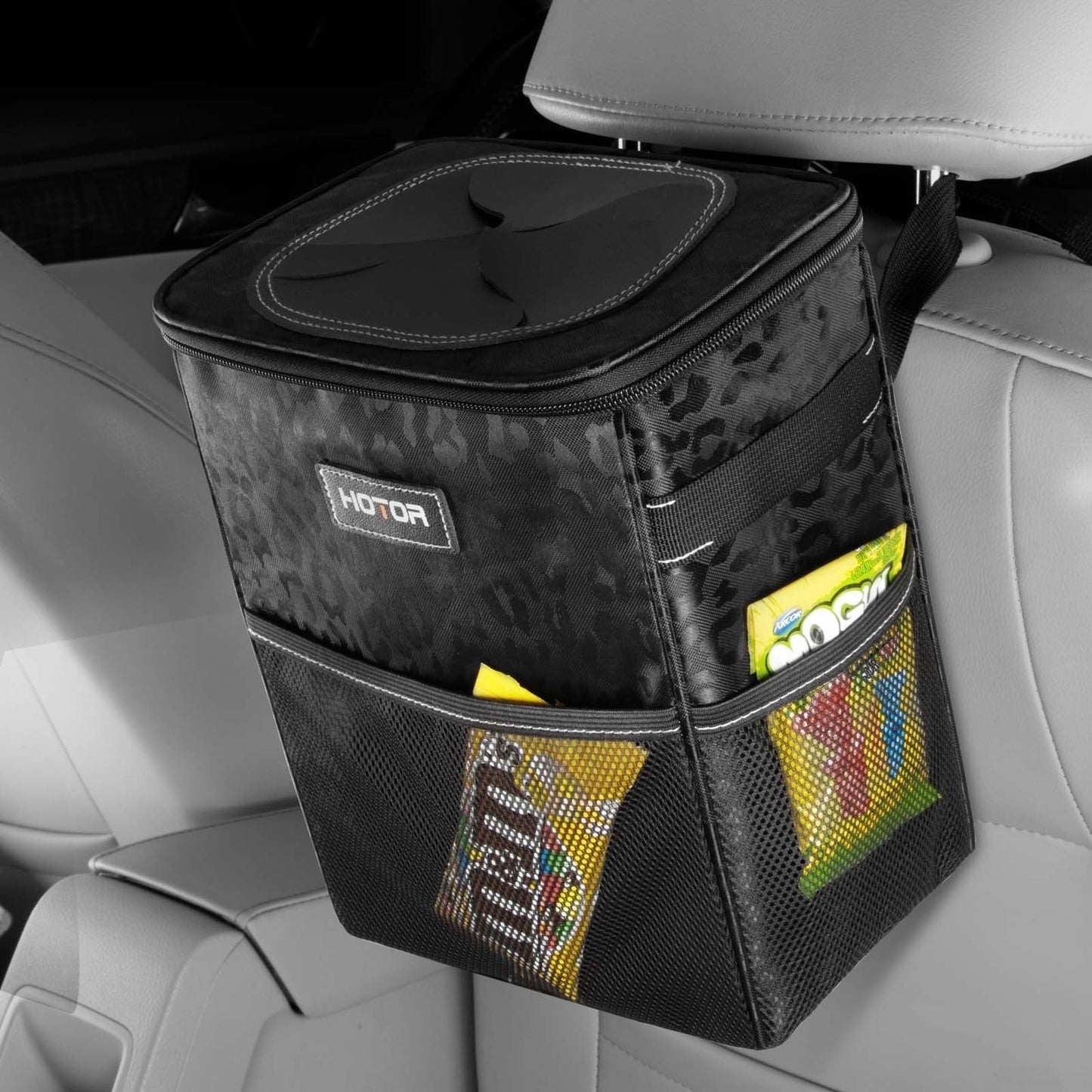 HOTOR Car Trash Can with Lid, Leak-Proof Car Garbage Can with Mesh Pockets, Car Accessories, 2 Gallons, Leopard-Print Black