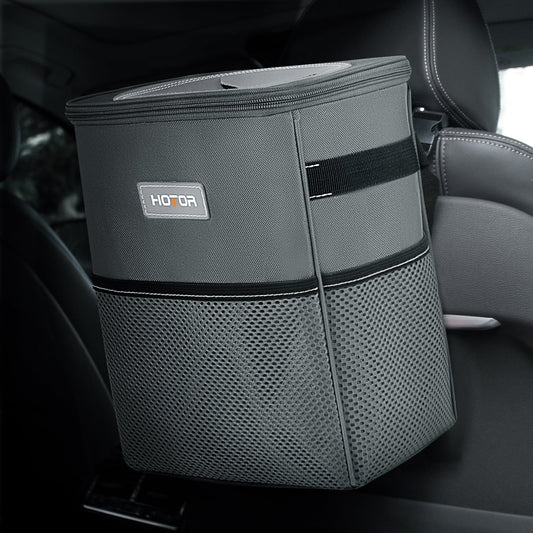 HOTOR Car Trash Can with Lid, Leak-Proof Car Garbage Can with Mesh Pockets, Car Accessories, 2 Gallons, Gray