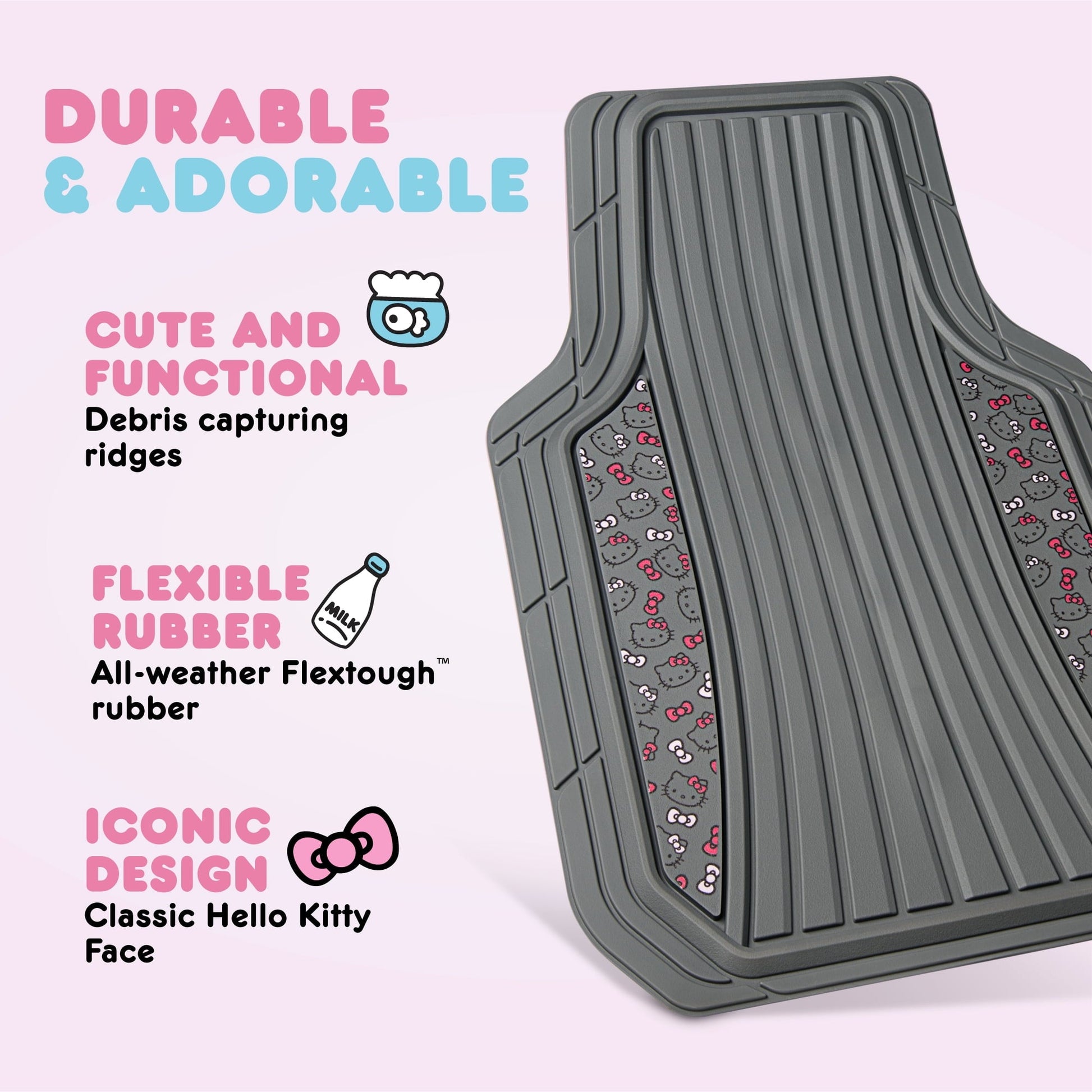 Hello Kitty 4pc Car Mats for Cars, Trucks, SUVs - Kawaii Rubber Floor Mats for Women & Men, Heavy Duty Non-Slip Front & Rear Mats, Cute Hello Kitty Accessories, Classic Gray with Pink Bows