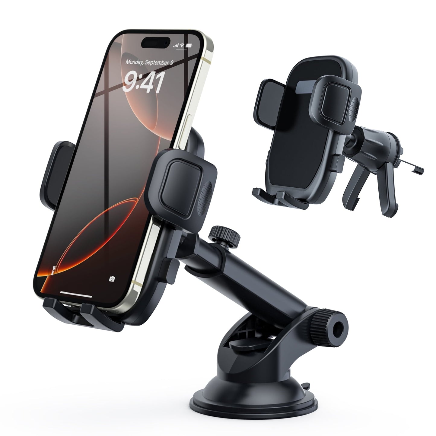 MaxAngel 3-in-1 Car Phone Holder with Military-Grade Suction Cup, Metal Hook Ventilation Clip, 360° Rotating Phone Holder for iPhone, Samsung & Android Smartphones,Black