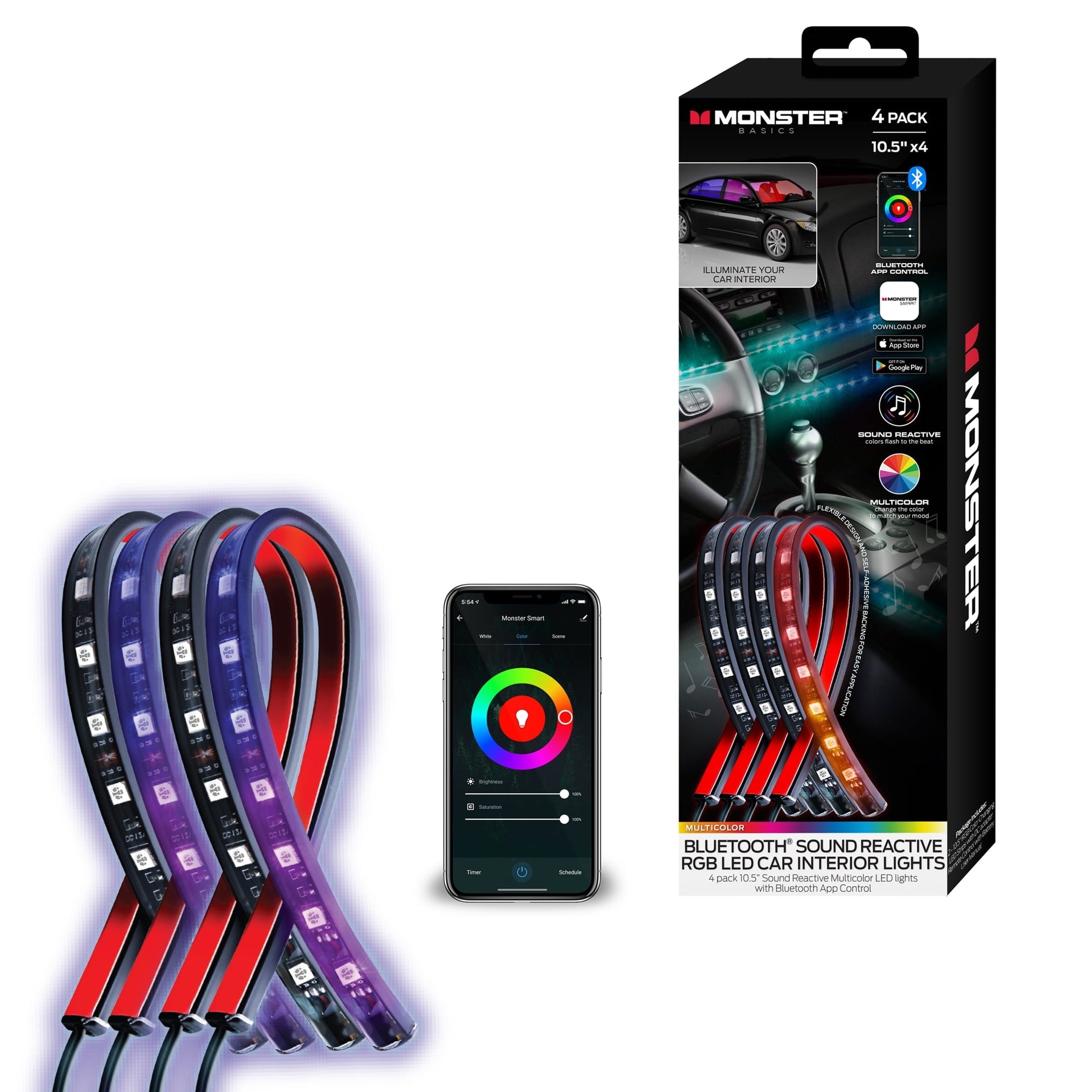 Monster Basics Bluetooth Car Interior Lights, Sound-Reactive Multi-Color RGB Lights, 4-Pack